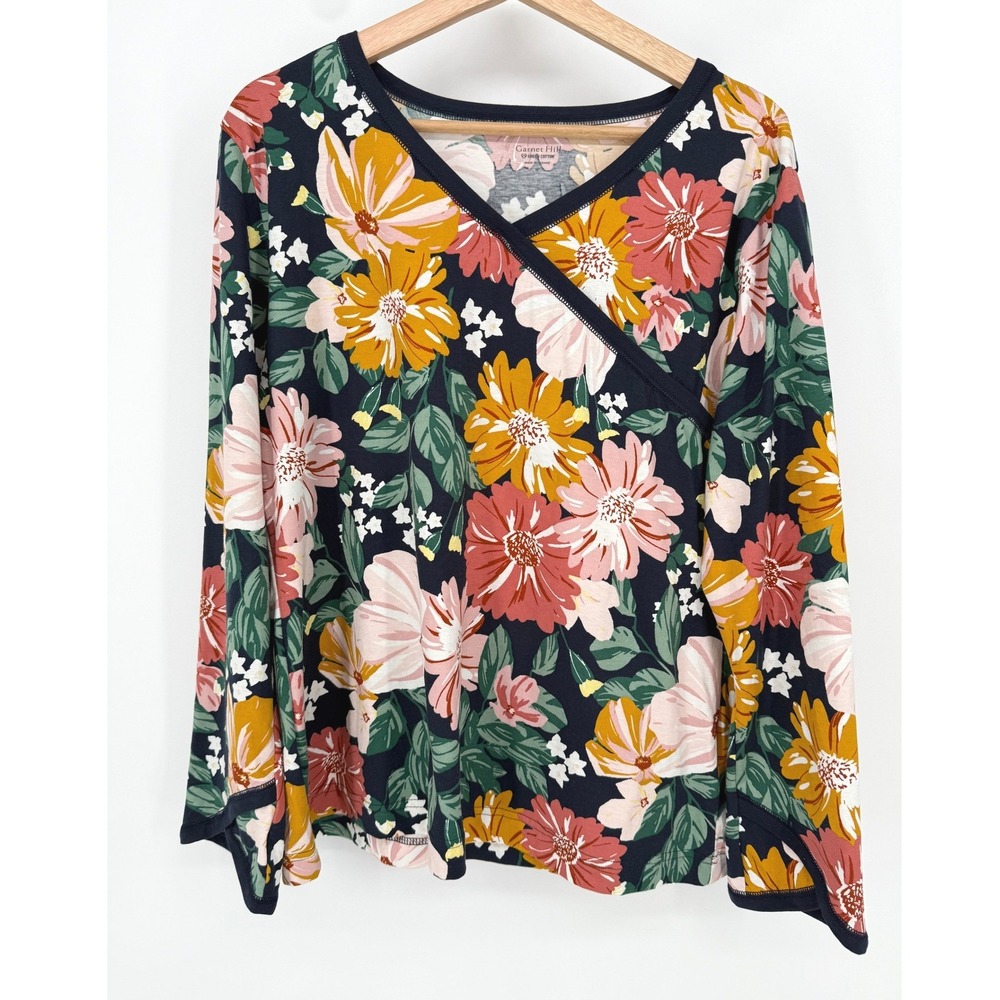 Garnet Hill Floral Long Sleeve Top‎ Women Medium Navy Blue Organic Cotton